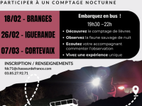 La Fédération Départementale des Chasseurs de la Saône-et- Loire organise 3 comptages nocturnes pour observer la faune sauvage de nuit, à destination du grand public.