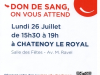 Châtenoy-le-Royal, collecte de sang Lundi 26 Juillet de 15h30 à 19h00 