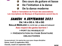 Inscriptions saison 2021/2022 : Musique et expressions sera salle Berlioz samedi 4 Septembre de 14h00 à 18h00.