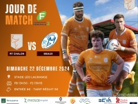 Dimanche 22 décembre 2024 à 15 H 15, 12ème journée de Fédérale 2 : Chalon RTC –Meaux , venez encourager les rugbymans chalonnais 