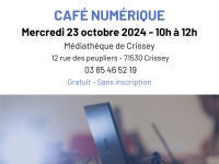  Crissey : Atelier numérique - Café numérique à la Médiathèque mercredi 23 octobre 2024 de 10h à 12h