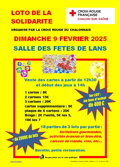 CROIX ROUGE DU CHALONNAIS - Rendez-vous le 9 février pour le loto de la solidarité 