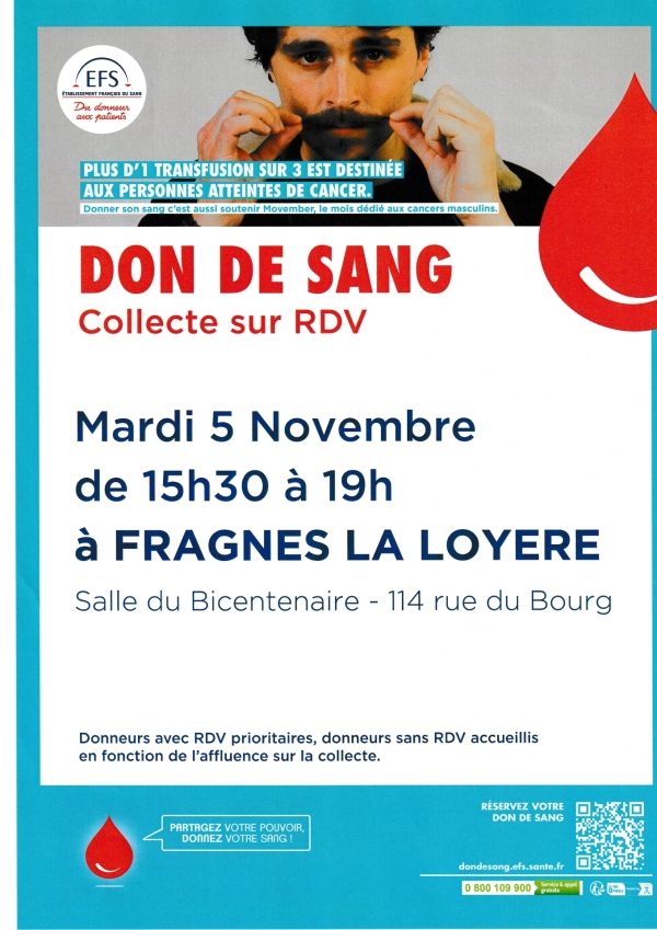 Collecte de sang le 5 novembre à Fragnes-La Loyère 