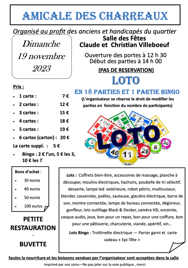 L'Amicale des Charreaux annonce son loto ce dimanche 19 novembre 