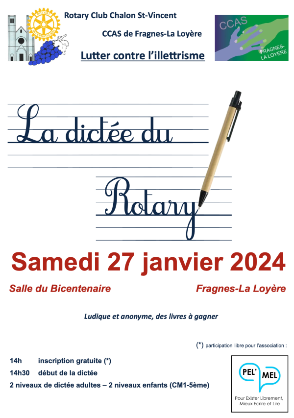 Avec le soutien du CCAS de Fragnes-La Loyère le club Chalon Saint-Vincent vous annonce la Dictée du Rotary samedi 27 janvier