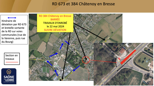 RD 673 - Commune de Châtenoy-en-Bresse Travaux de réfection de la couche de roulement - des perturbations ce mercredi 22 mai 