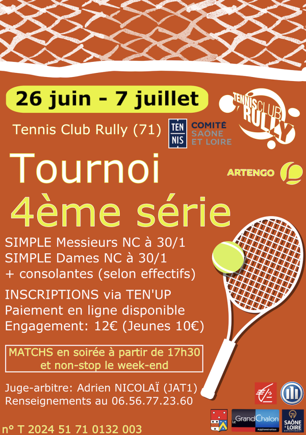 Le tournoi d'été du Tennis Club Rully 4ème série aura lieu du 26 juin au 7 juillet. 