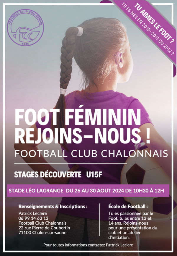 FOOT FEMININ - Stage découverte au FC CHALON pour les 13/14 ans 