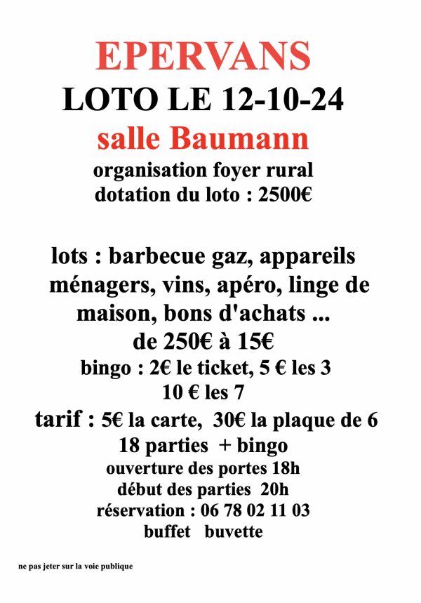 Le loto du Foyer Rural d'Epervans annoncé le 12 octobre 