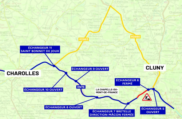 RCEA – RN 79 – Aménagement à 2x2 voies Clermain/Ste Cécile Fermeture de la RN79 au niveau de Ste Cécile octobre - novembre 2024