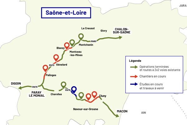 RCEA – RN 79 – Aménagement à 2x2 voies Brandon/Clermain Fermeture des bretelles d’accès au diffuseur de Navour-sur-Grosne du 21 au 25 octobre 2024