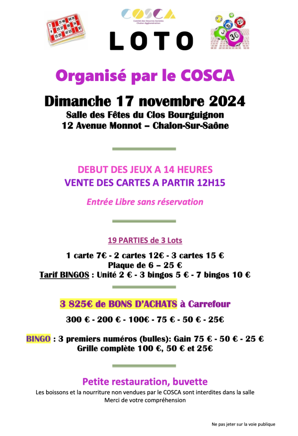 Le loto du Comité des Oeuvres Sociales de la ville de Chalon et du Grand Chalon se tient le dimanche 17 novembre 