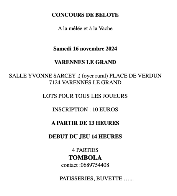 Concours de belote le 16 novembre à Varennes le Grand 