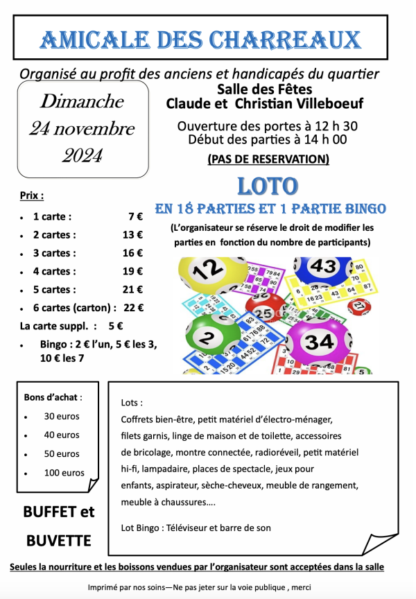 L'Amicale des Charreaux vous attend pour son loto le 24 novembre 