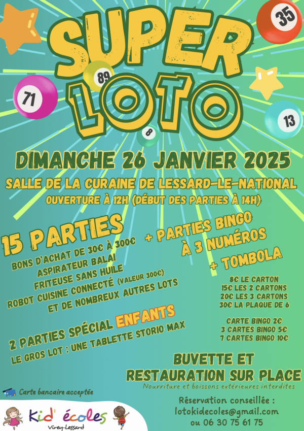 A Virey le Grand, l’Association des parents d’élèves Kid’Écoles organise un Super Loto le dimanche 26 janvier !