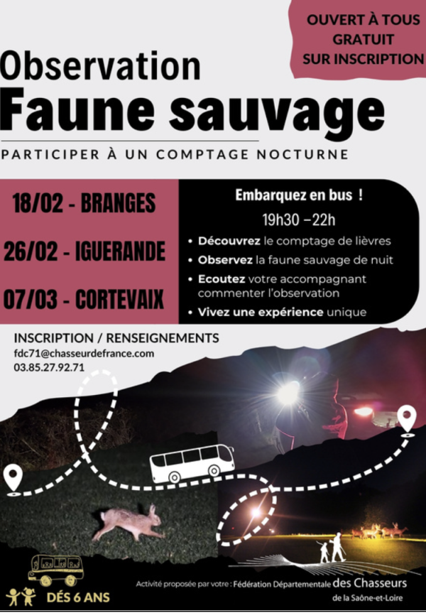 La Fédération Départementale des Chasseurs de la Saône-et- Loire organise 3 comptages nocturnes pour observer la faune sauvage de nuit, à destination du grand public.