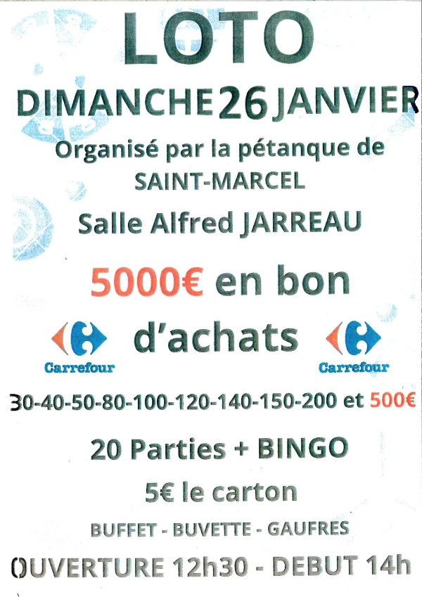 La Pétanque de Saint Marcel organise son loto le dimanche 26 janvier 