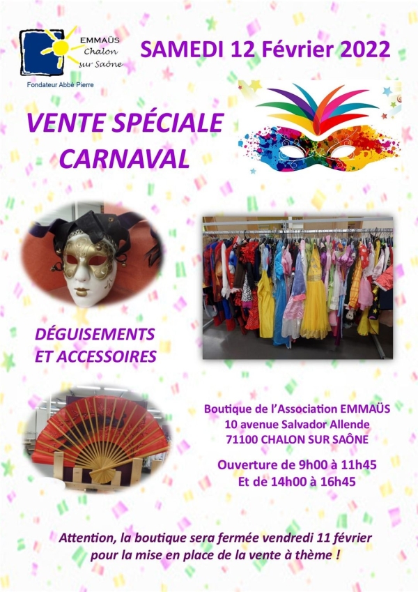 Vente spéciale Carnaval chez Emmaüs Chalon ce samedi 