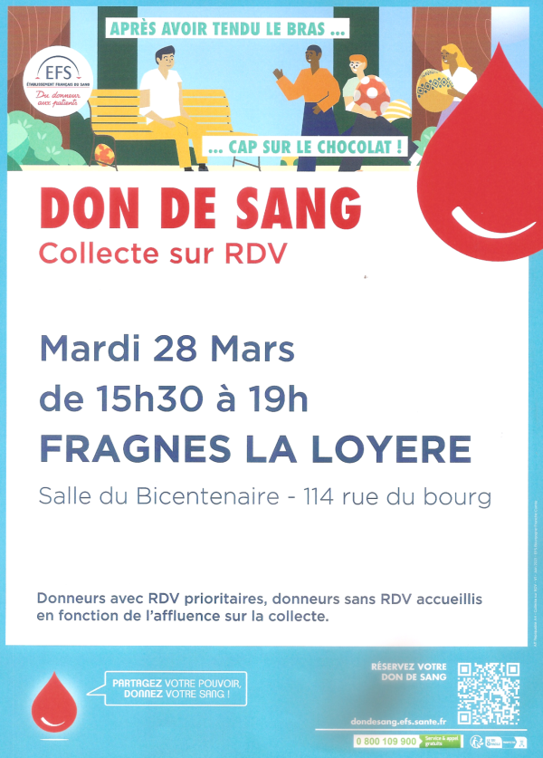 Collecte de sang le 28 mars à FRAGNES-LA LOYÈRE