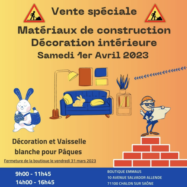 Vente spéciale matériaux de construction et décoration intérieurs chez Emmaüs Chalon 