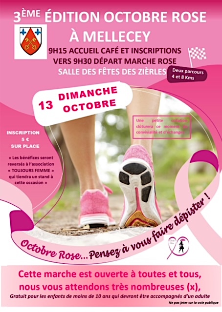 OCTOBRE ROSE - La commune de MELLECEY organise une marche de 4 ou 8 km ouverte à toutes et tous, dimanche 13 octobre 2024