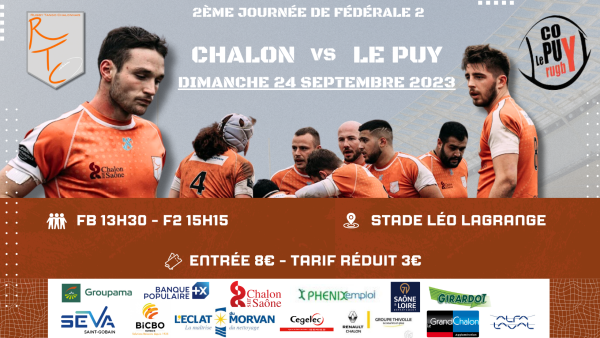 Dimanche 24 septembre à 15 heures, 2ème match de Fédérale 2 : Chalon RTC - Le Puy, venez encourager les rugbymans chalonnais 