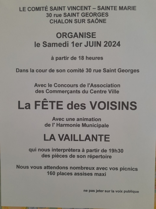 Samedi 1er juin, à partir de 18 heures, venez participer à la grande fête des voisins animée par l’orchestre ‘La Vaillante’