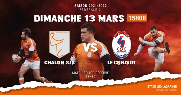 Fédérale 2 - poule 2 : Derby RTC (Rugby Tango Chalonnais) – Le Creusot , venez encourager  les rugbymans chalonnais    