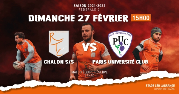 Fédérale 2 - poule 2 : RTC (Rugby Tango Chalonnais) – Paris Université Club , venez encourager  les rugbymans chalonnais    