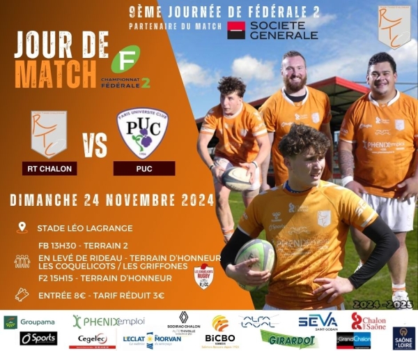 9e journée de fédérale 2 poule 1, dimanche 24 novembre à 15 heures 15 : Chalon RTC – P.U.C, venez encourager les rugbymans chalonnais 