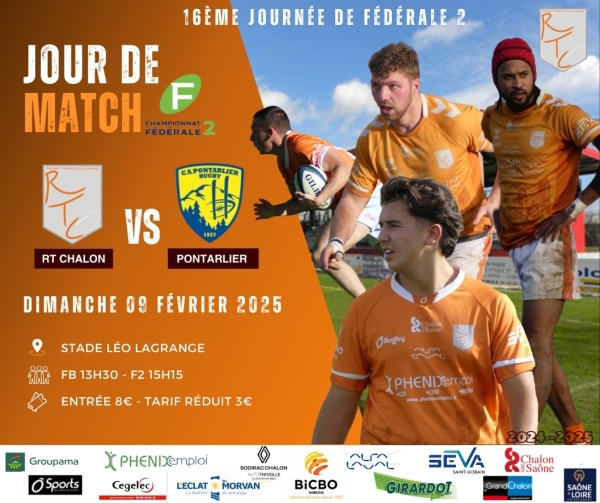 Dimanche 9 février à 15 heures 15, 16ème journée de Fédérale 2 : Chalon RTC –Pontarlier, venez encourager les rugbymans chalonnais