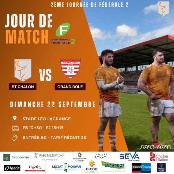 Dimanche 22 septembre à 15 heures 15 en Fédérale 2 : Chalon RTC – Grand Dole, venez encourager les rugbymans chalonnais 