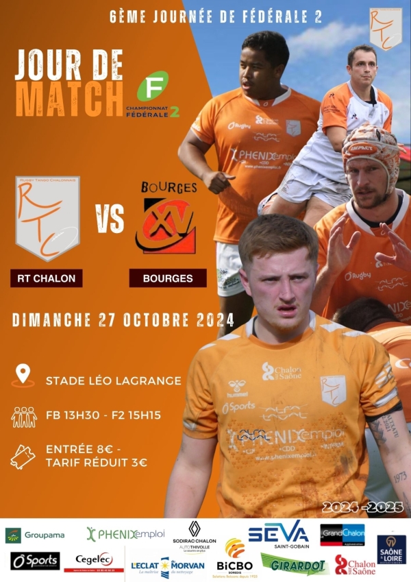 6ème journée de fédérale 2 poule 1, dimanche  27 octobre à 15 heures 15 : Chalon RTC – Bourges, venez encourager les rugbymans chalonnais 