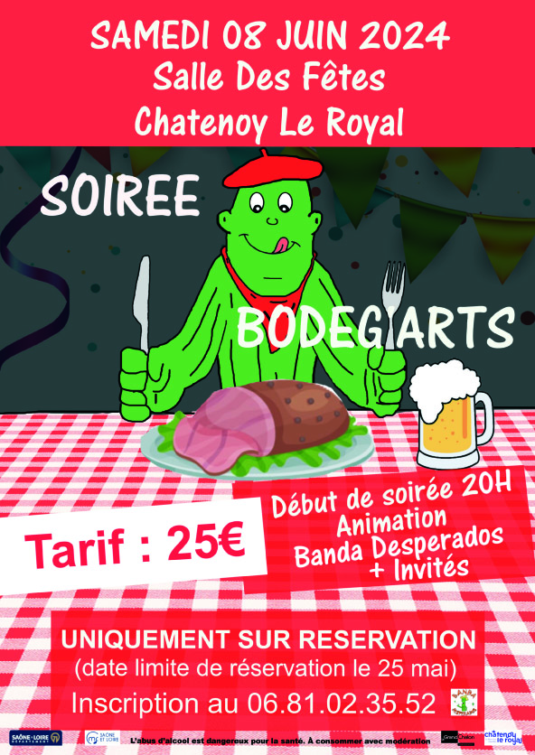Soirée Bodeg'Arts organisée par la Banda Desperados  Samedi 8 Juin 2024 à la Salle des fêtes Châtenoy-le-Royal.