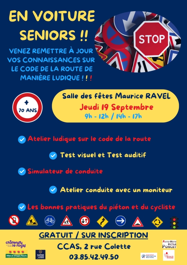 Châtenoy le Royal : le CCAS organise une animation sur le code de la route pour les séniors de plus de 70 ans le 19 septembre 2024 à la salle des Fêtes Maurice Ravel.   