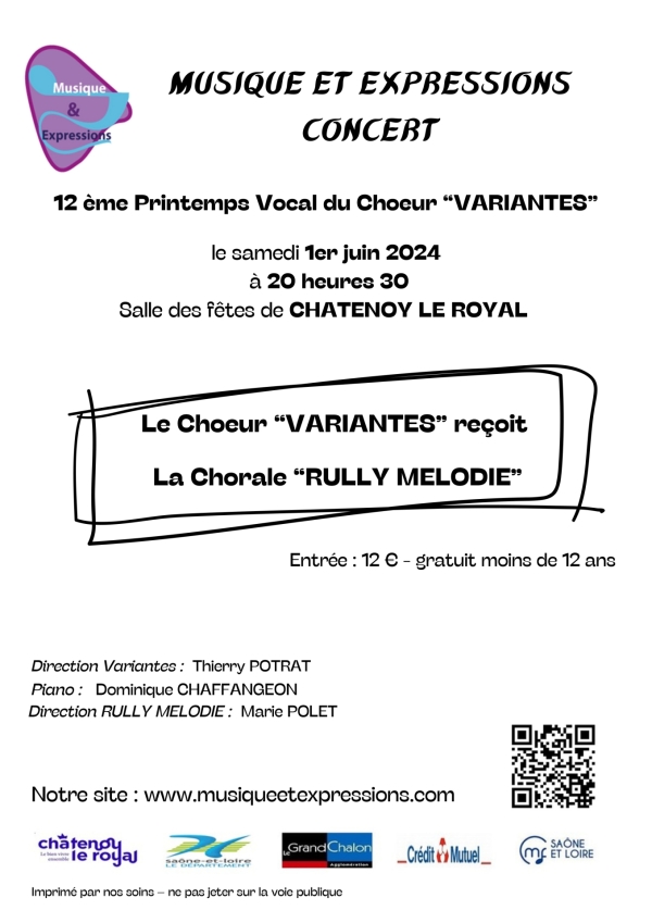 12 ème Printemps Vocal du Choeur “VARIANTES” le samedi 1er juin 2024 à 20 heures 30 Salle des fêtes de CHATENOY LE ROYAL