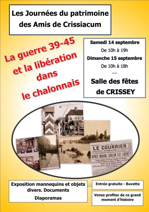 Les Amis de Crissiacum organisent leurs journées du patrimoine les 14 et 15 septembre à la salle de fêtes de Crissey.