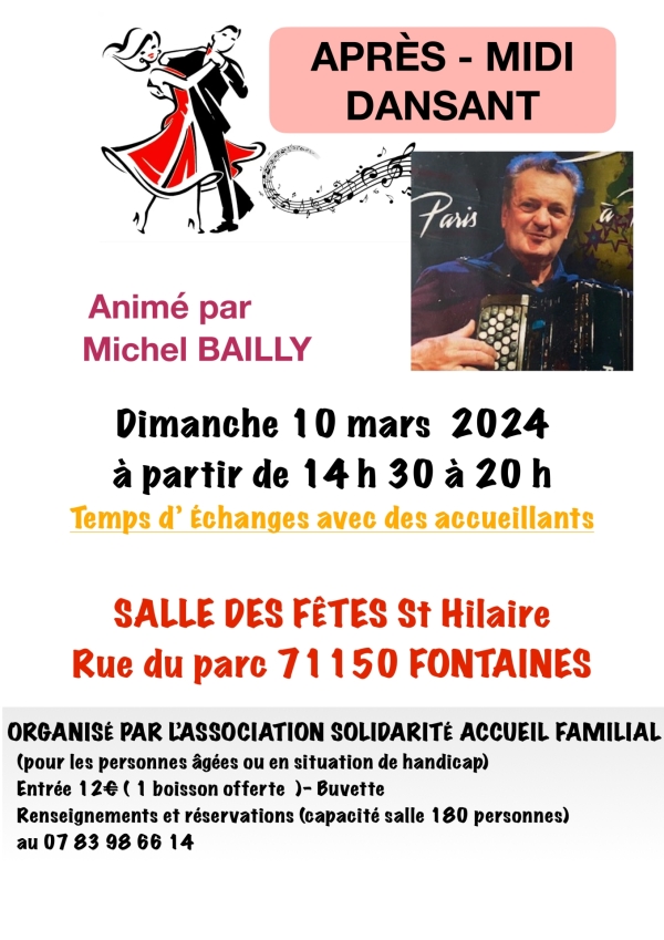 L’ASSOCIATION SOLIDARITÉ ACCUEIL FAMILIAL organise un après-midi dansant dimanche 10 mars à la salle Saint Hilaire de Fontaines