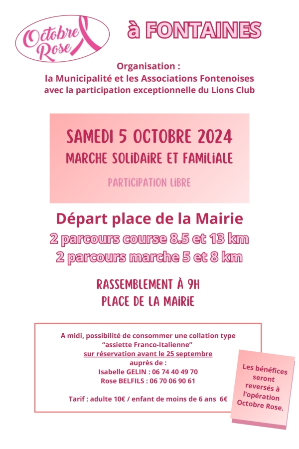 Octobre rose à Fontaines samedi 5 octobre 2024 à 9h00 place de la mairie