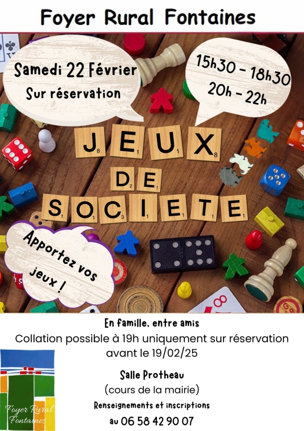 Le Foyer Rural de Fontaines organise une après-midi et soirée jeux de société le samedi 22 février salle Protheau.