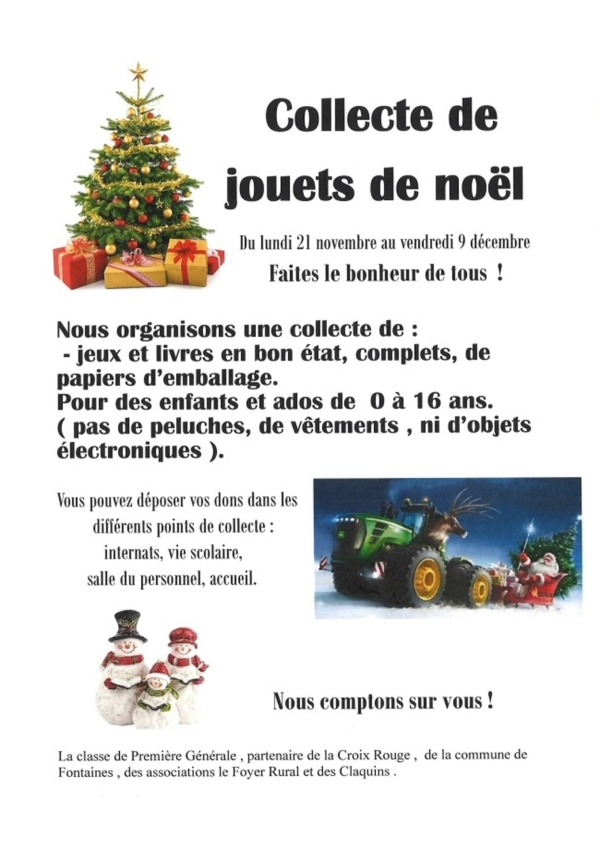 Le lycée agricole de Fontaines toujours dans l’action avec une collecte de jouets organisée par les élèves de 1ère générale.