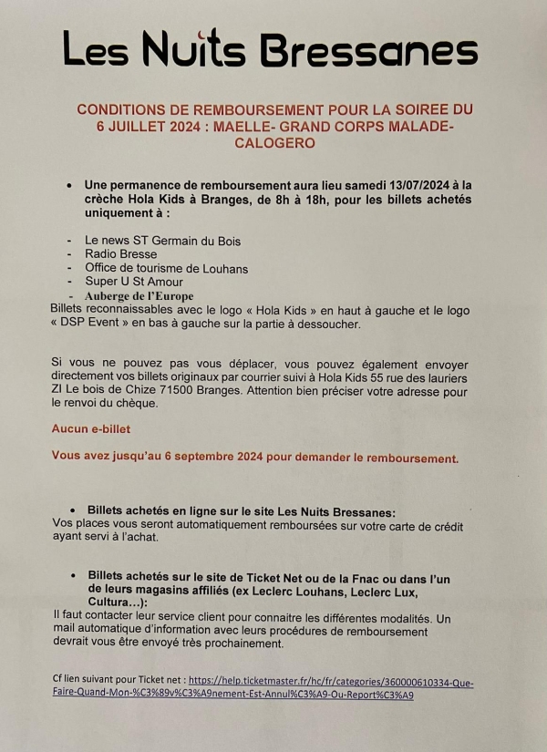 Les Nuits Bressannes : Communiqué sur  les conditions de remboursements pour la soirée du 6 juillet 2024.