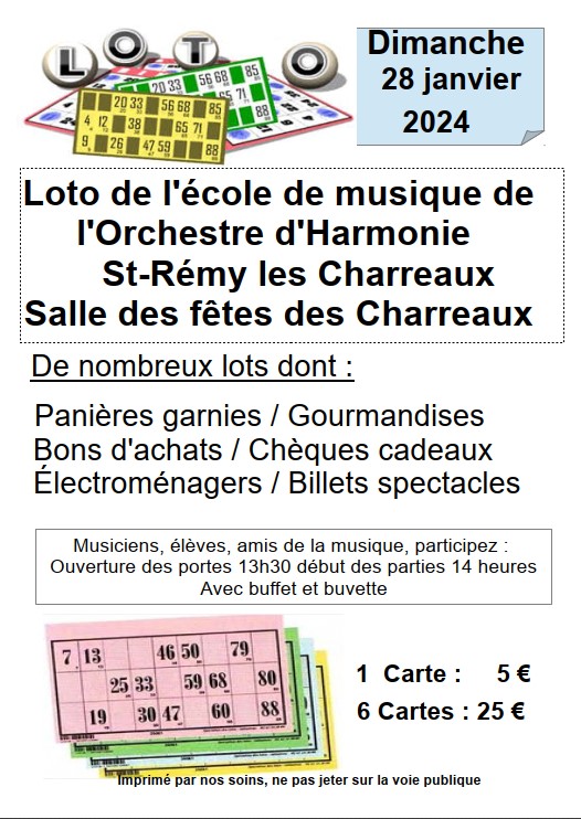 Loto de l'école de musique de l'Harmonie St Rémy/les Charreaux dimanche 28 janvier 2024 Salle des fêtes des Charreaux