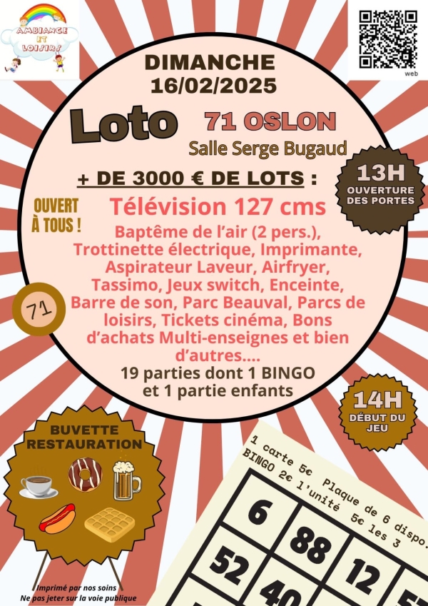 Ambiance et Loisirs à Oslon organise son loto le dimanche 16 Février 